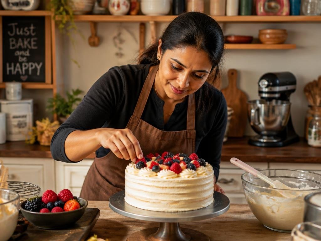 Founder decorating a fresh cream cake